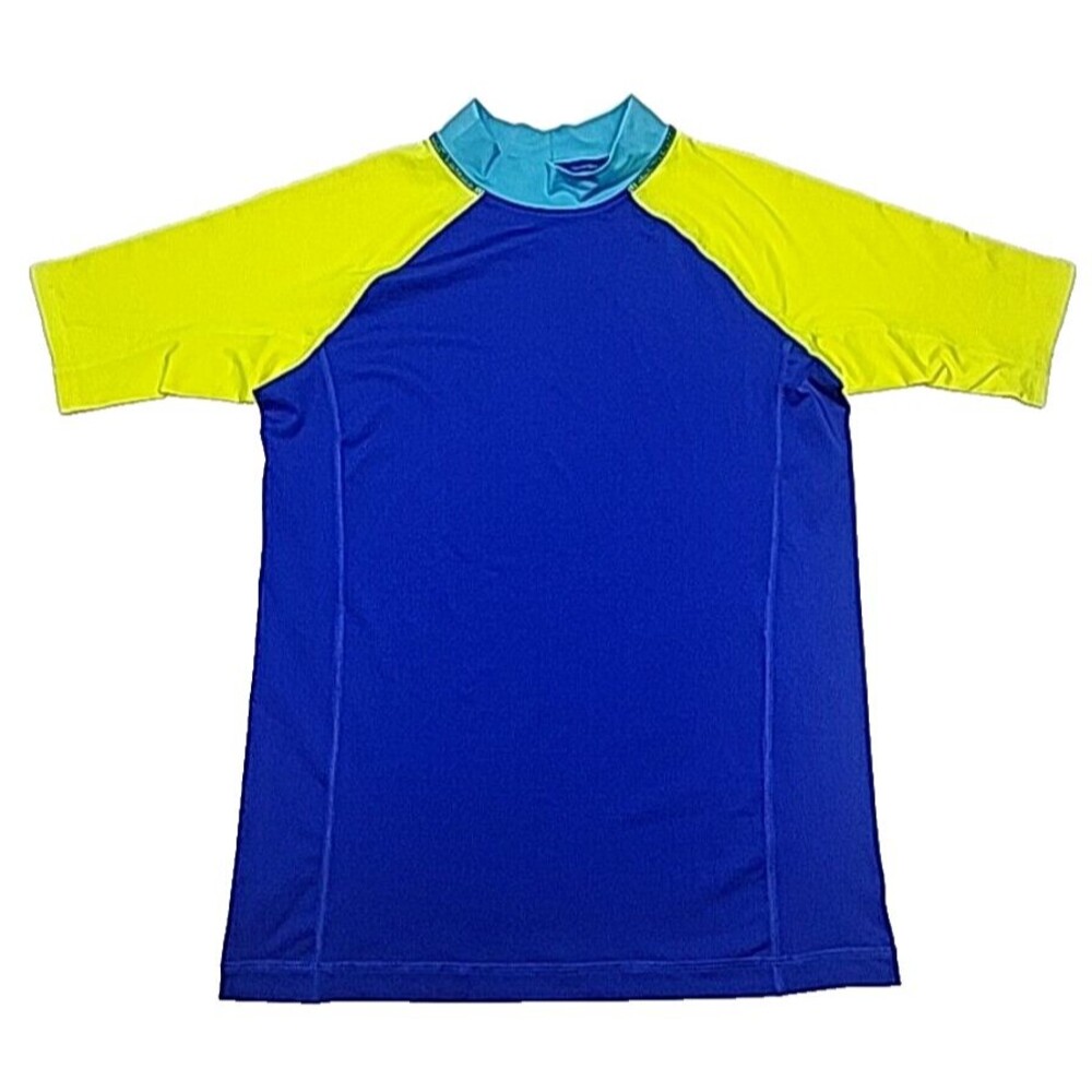 Lands End Rash Guard Swim Shirt Blue Yellow Short Sleeve Boy Youth XL 14-16 Mock